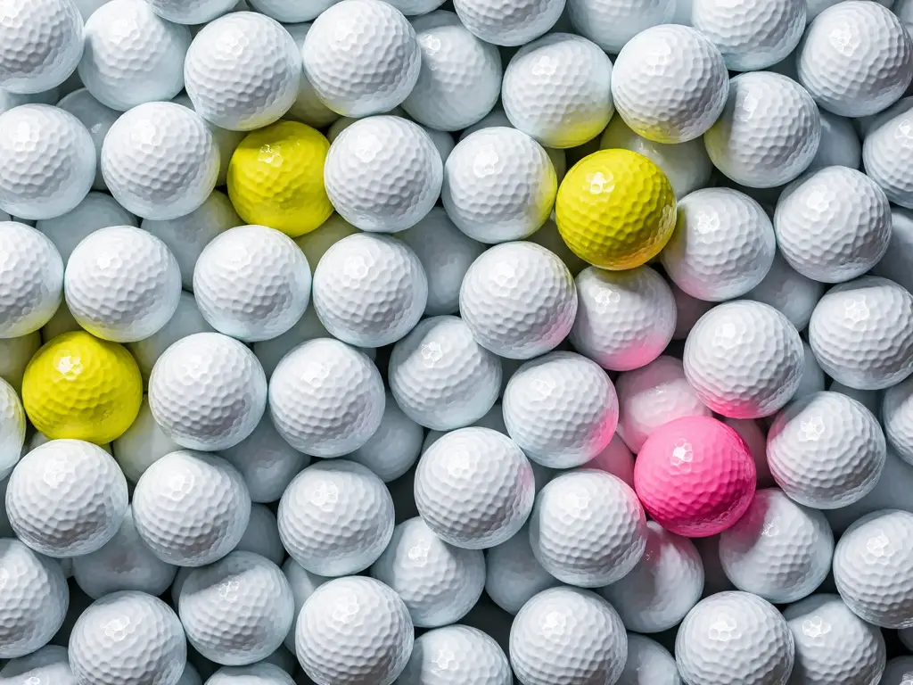 Pile of golf balls, mostly white, 3 yellow, 1 pink.