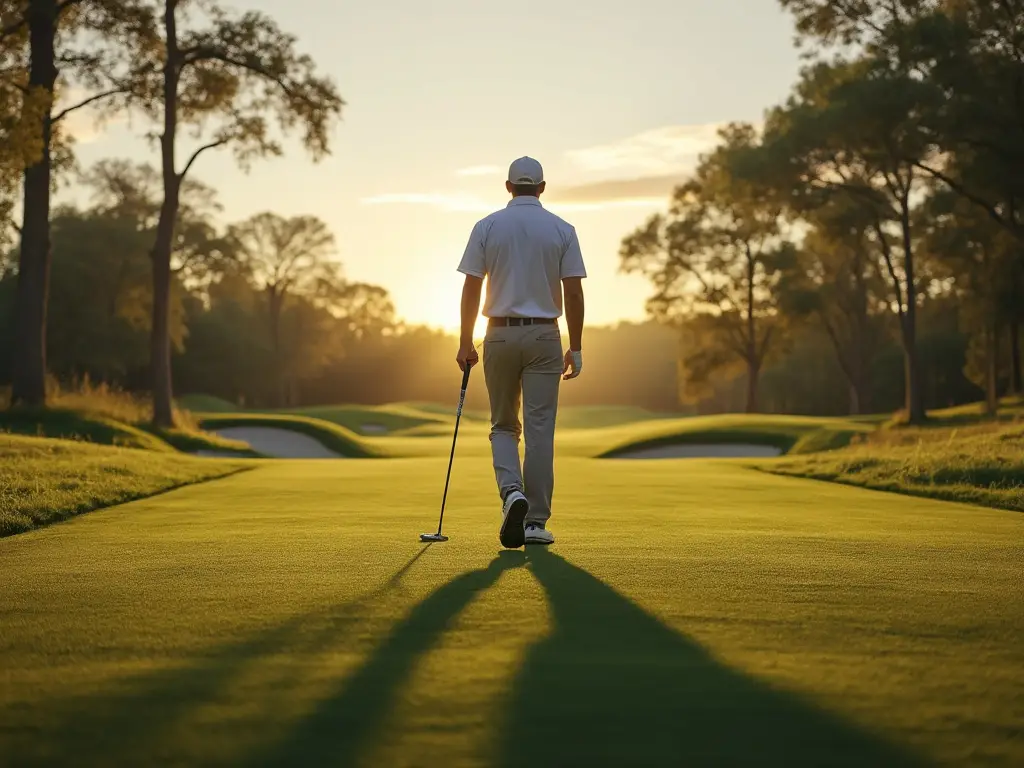 Golfer walking towards the green in full golf attire and holding his putter.