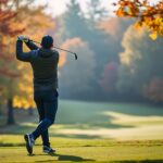 Golfer teeing off in cold weather fall golf.