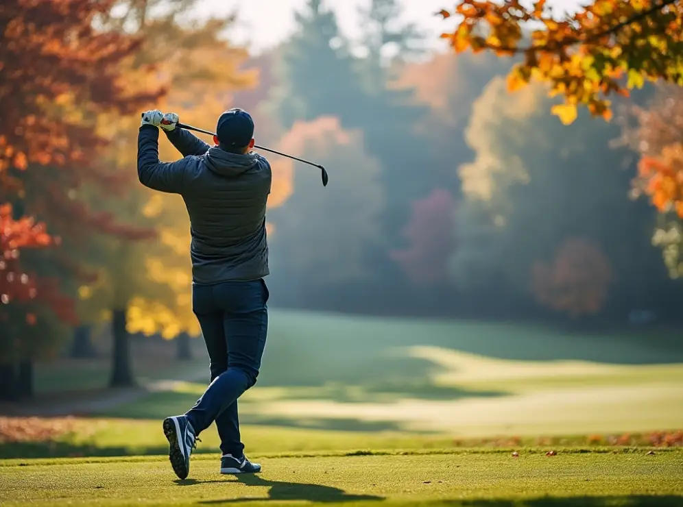 Golfer teeing off in cold weather fall golf.