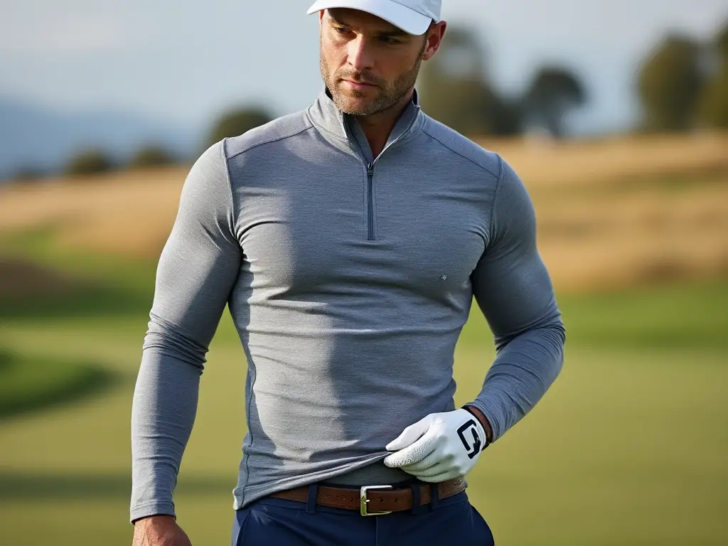 Golfer wearing a base layer shirt on a golf course.