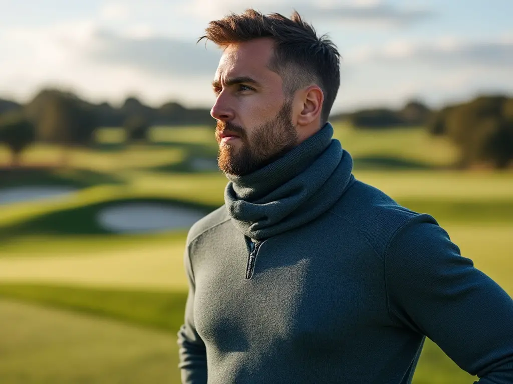 Golfer wearing a neck warmer on a cold fall day on the golf course.