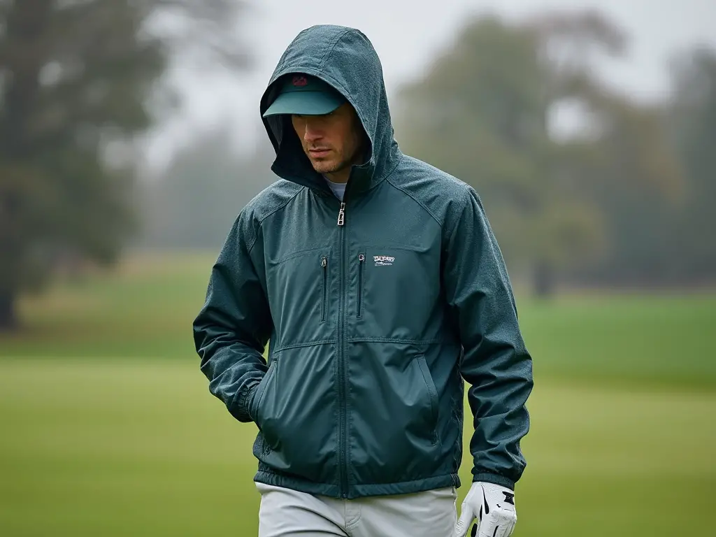 Golfer standing on a rainy golf course wearing a rain jacket.