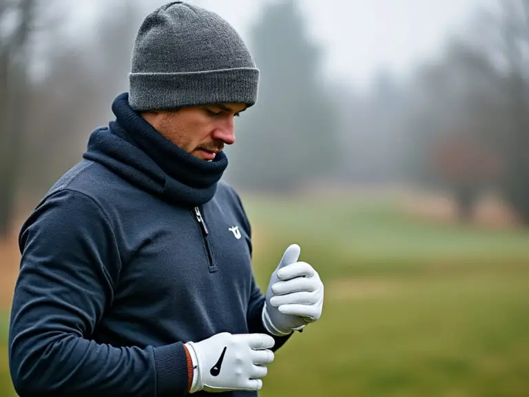 Golfer preparing to play in cold weather golf conditions.