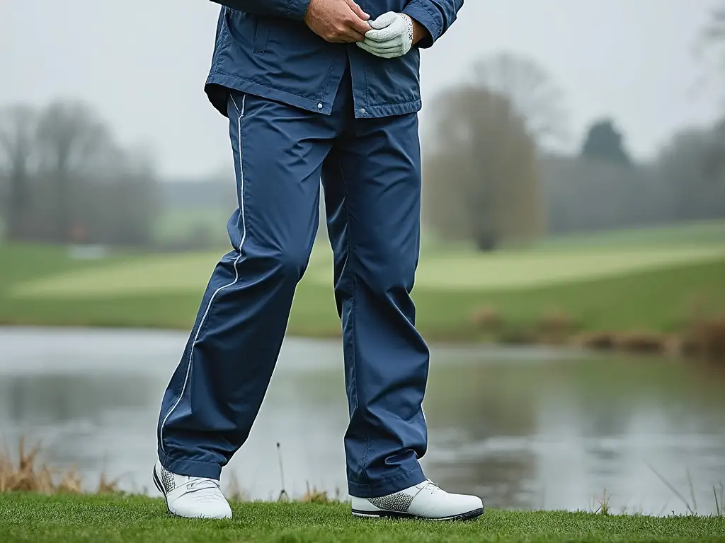 Golfer in the rain wearing golf rain pants.