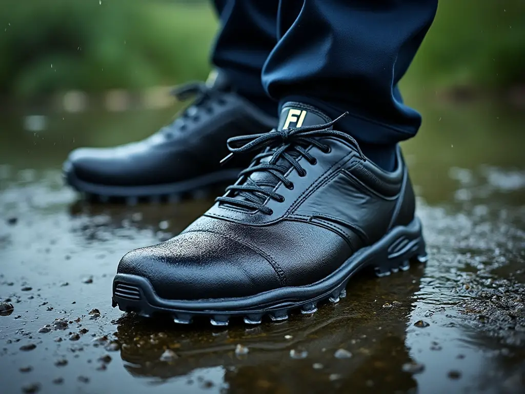 Golfer wearing FootJoy waterproof golf shoes in the rain.