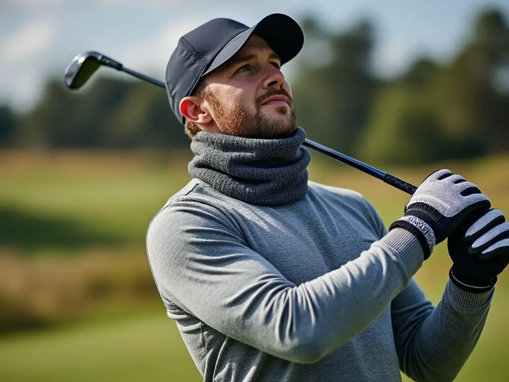 Golfer holding a golf club with his winter golf gloves.