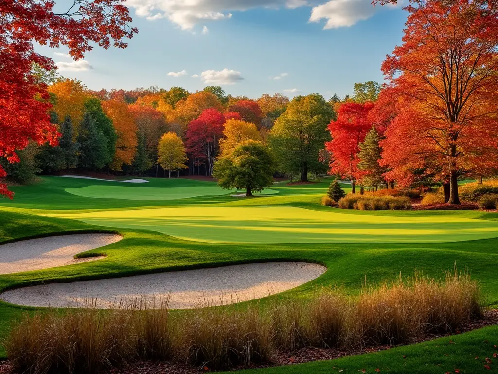 Golf course in New England surrounded by vibrant fall foliage.