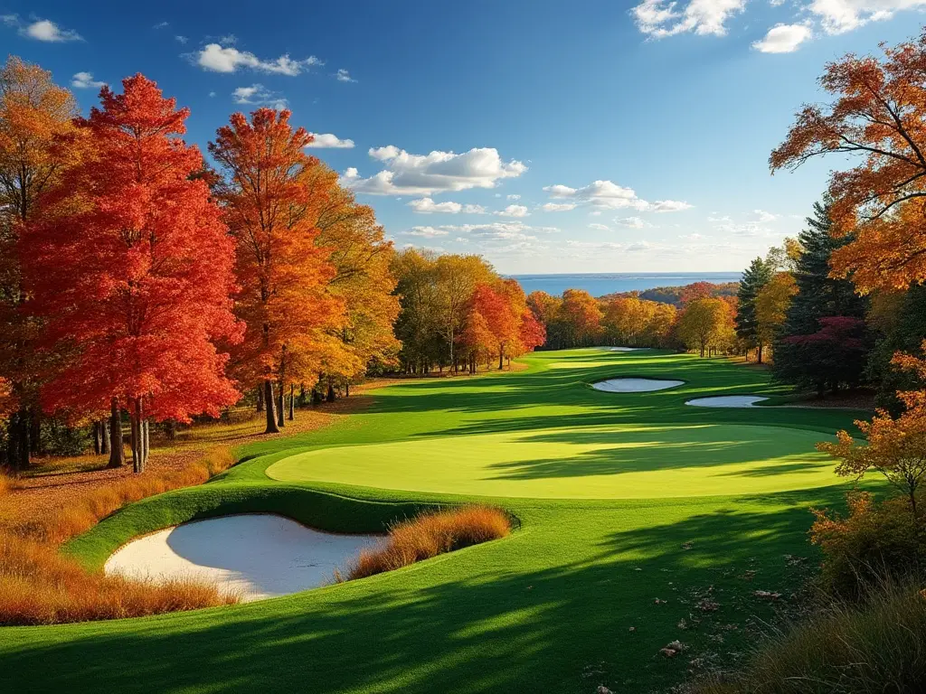 Golf course in Northern Michigan with vibrant fall foliage.