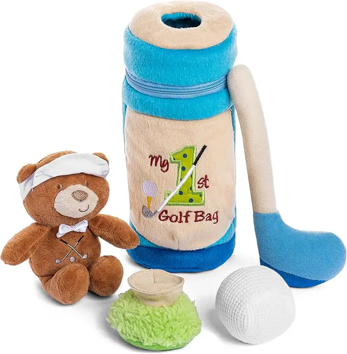 Genius Baby My First Golf Bag, a blue plush golf bag with four sensory toys inside: a golf club, teddy bear referee, golf ball, and tee.