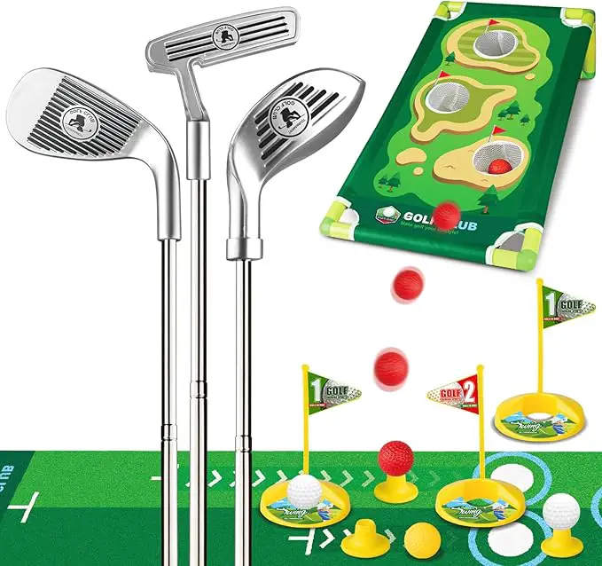 Golf club set for kids with a cornhole board, colorful golf balls, and a putting matt.