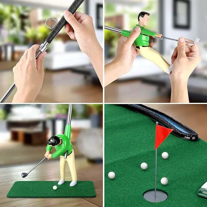 A miniature golf course setup on a green cloth with two small golfer figures, clubs, and obstacles.