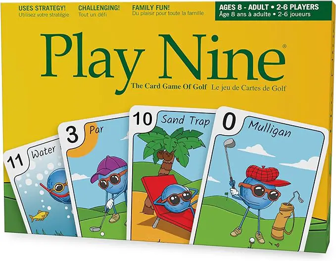 A box of Play Nine cards with golf-themed illustrations and the tagline "The Card Game of Golf."