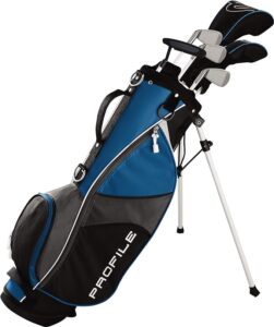 A set of Wilson Junior Profile JGI golf clubs in a blue stand bag.