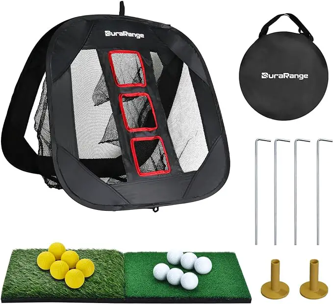 Pop-up golf chipping net with multiple targets, fairway and rough hitting pads.