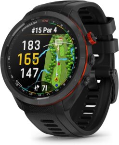 Garmin Approach S70 GPS golf watch displaying course map with yardages, featuring a 1.4-inch AMOLED screen, durable design, and 20-hour battery, ideal for amateur golfers.