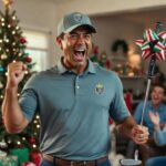 american golf dad (wearing golf attire) in a home Christmas morning setting and he's celebrating like he just sunk a 40 foot putt for Eagle, he's holding a brand new putter with a bow on it. Full passion and fist pump like Tiger Woods. His kids in the background laughing.