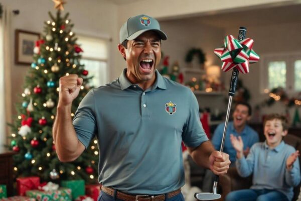 american golf dad (wearing golf attire) in a home Christmas morning setting and he's celebrating like he just sunk a 40 foot putt for Eagle, he's holding a brand new putter with a bow on it. Full passion and fist pump like Tiger Woods. His kids in the background laughing.