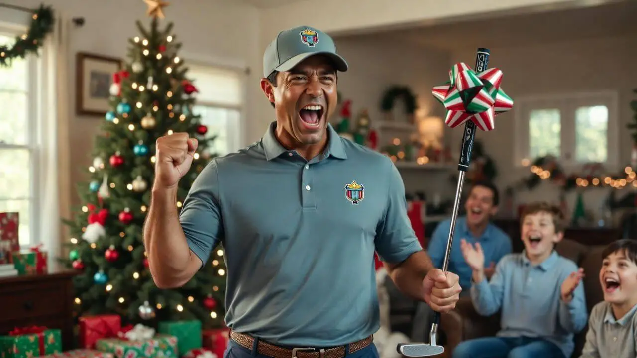american golf dad (wearing golf attire) in a home Christmas morning setting and he's celebrating like he just sunk a 40 foot putt for Eagle, he's holding a brand new putter with a bow on it. Full passion and fist pump like Tiger Woods. His kids in the background laughing.