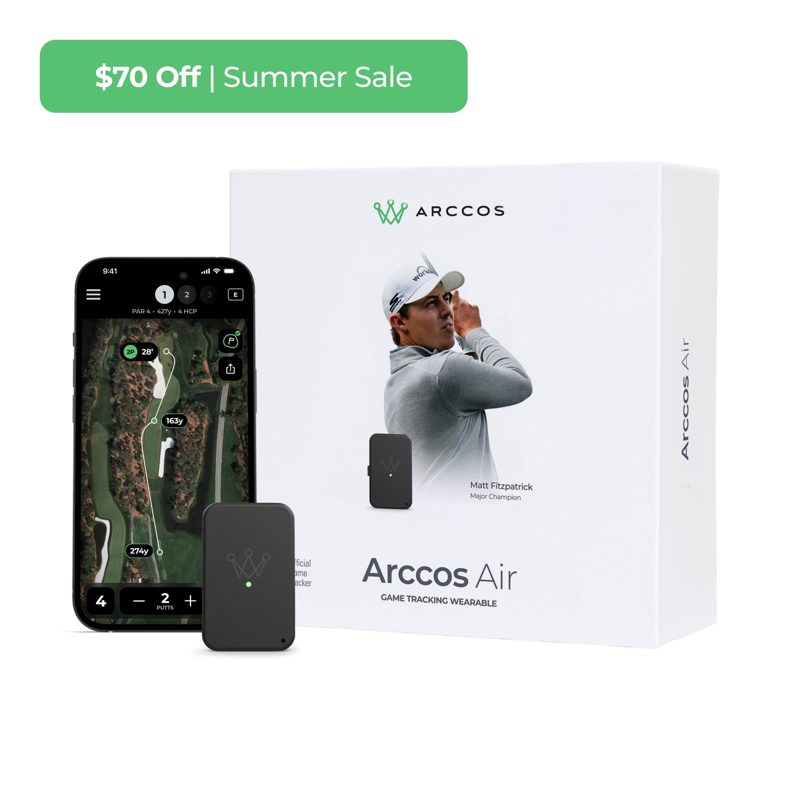Arccos Air official wearable product shot with box, device, and app