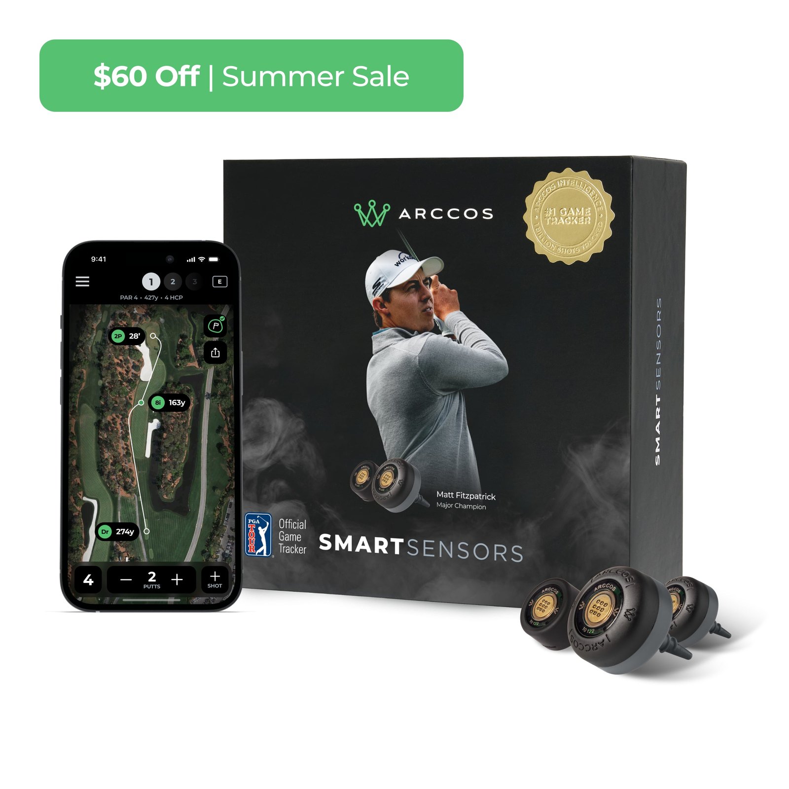 Arccos Smart Sensors (Gen 4) official hardware pack shot with app and twist-in sensors