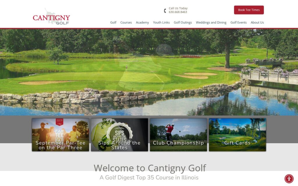 Screenshot of the Cantigny Golf homepage showing a green, water hazard, stone wall, and wooden bridge in Wheaton, Illinois.