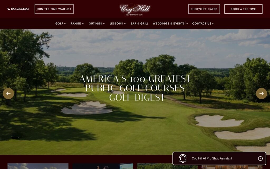Screenshot of the Cog Hill Golf & Country Club homepage showing a tree-lined fairway and sand bunkers in Lemont, Illinois.