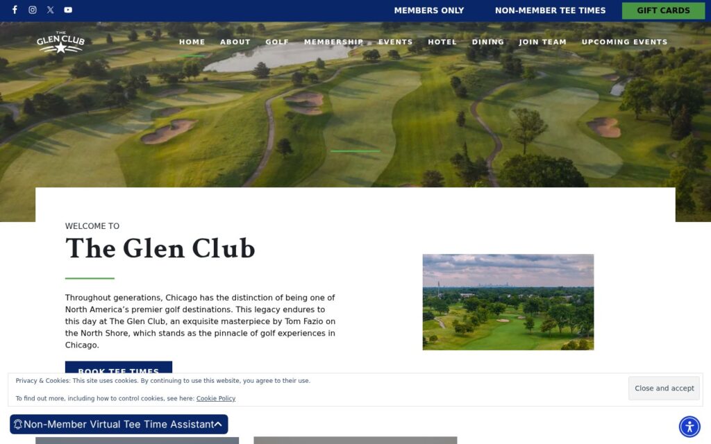Screenshot of The Glen Club homepage showing rolling Tom Fazio fairways, bunkers, and a pond in Glenview, Illinois.