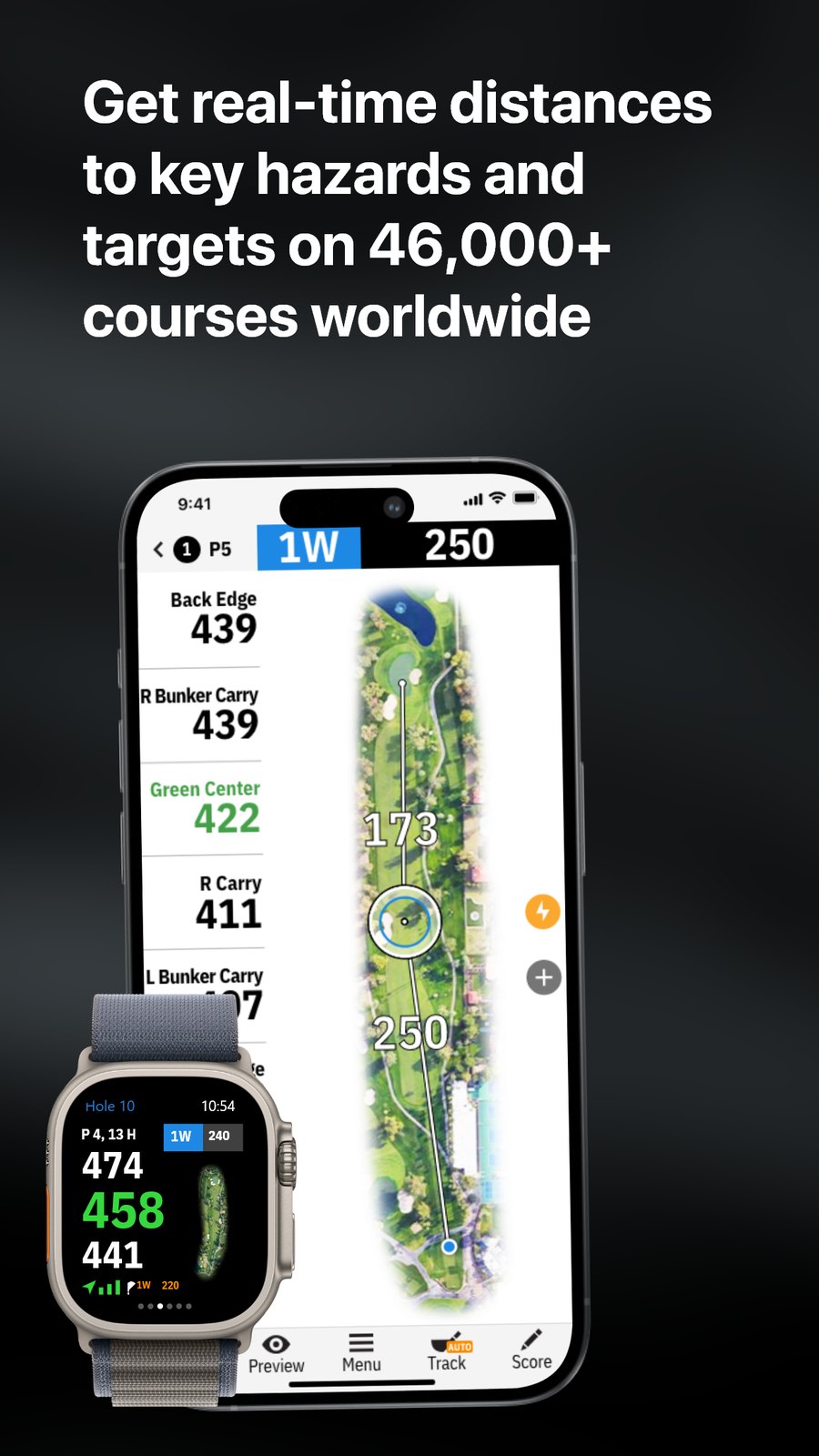 Golfshot Pro official App Store screenshot of GPS distances on iPhone and Apple Watch