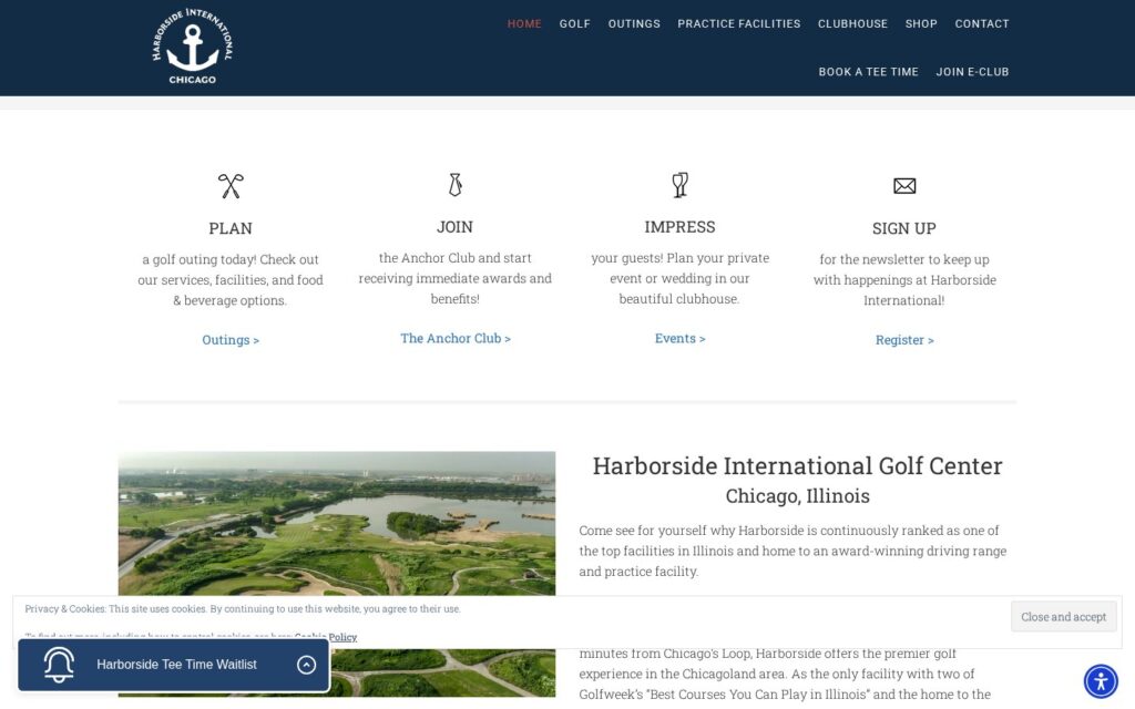 Screenshot of the Harborside International Golf Center homepage showing prairie-style fairways, bunkers, and water on Chicago’s south side.
