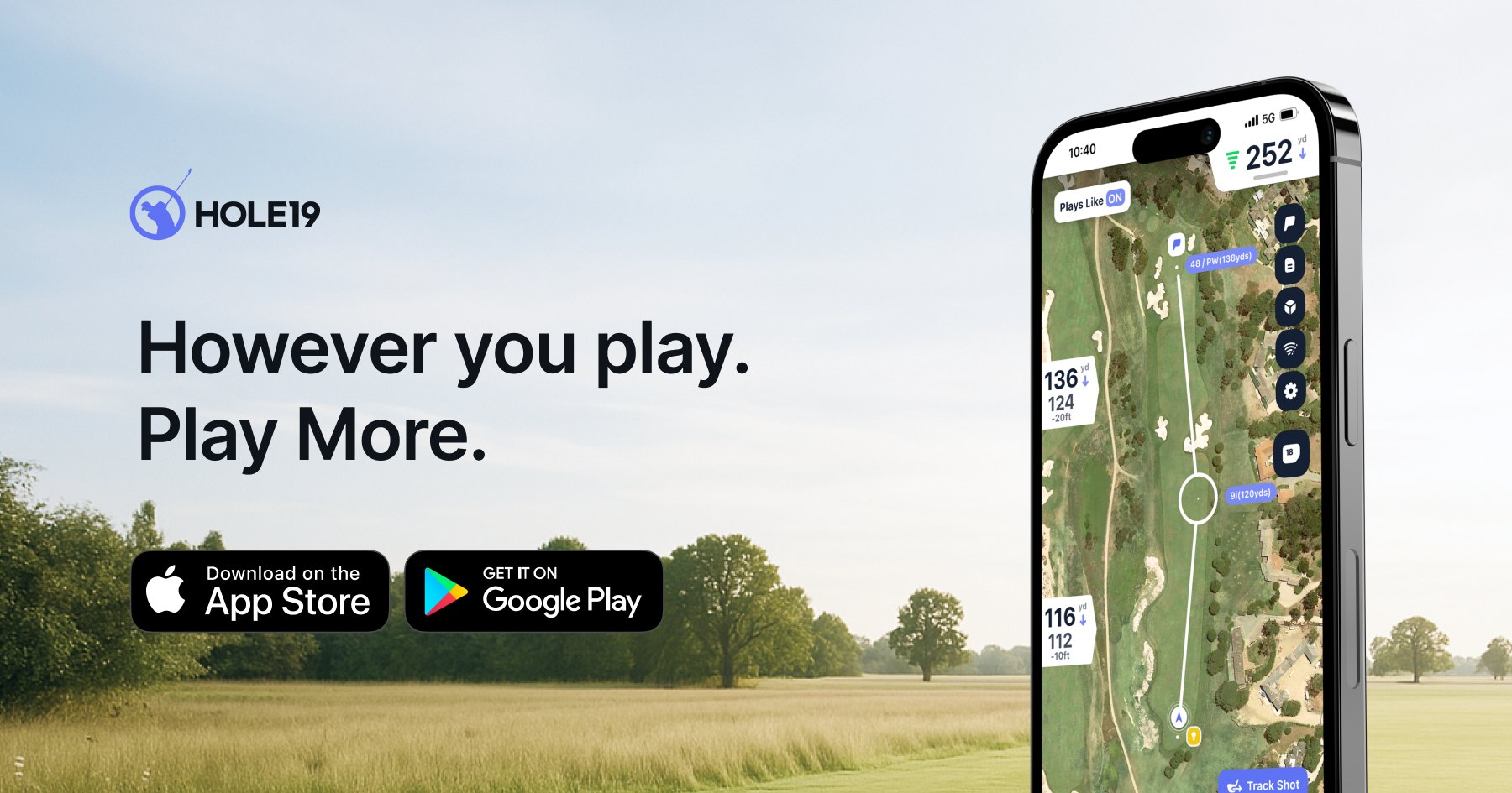 Hole19 official marketing screenshot of GPS hole view, plays-like distances, and Track Shot