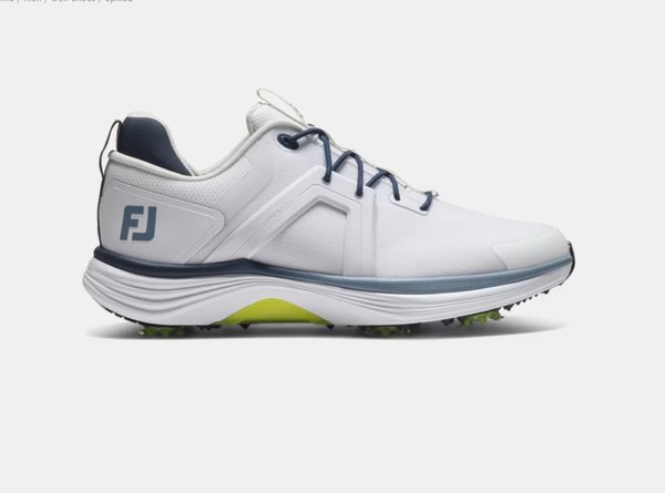 FootJoy HyperFlex laced waterproof knit golf shoe in white, navy, and citron