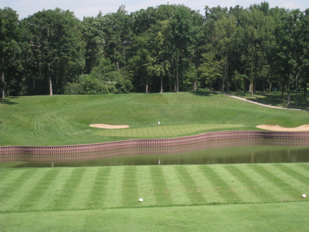 Seventeenth tee at Medinah Country Club in Medinah, Illinois, looking down a tree-lined hole on Course No. 3.