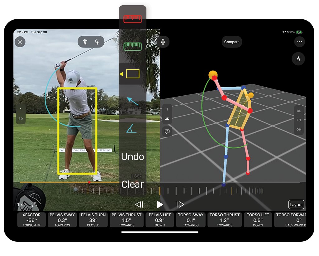 Onform official golf-page screenshot of video analysis, drawing tools, and 3D swing metrics