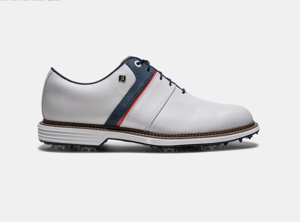 FootJoy Premiere Series Packard waterproof spiked golf shoe in white, navy, and red