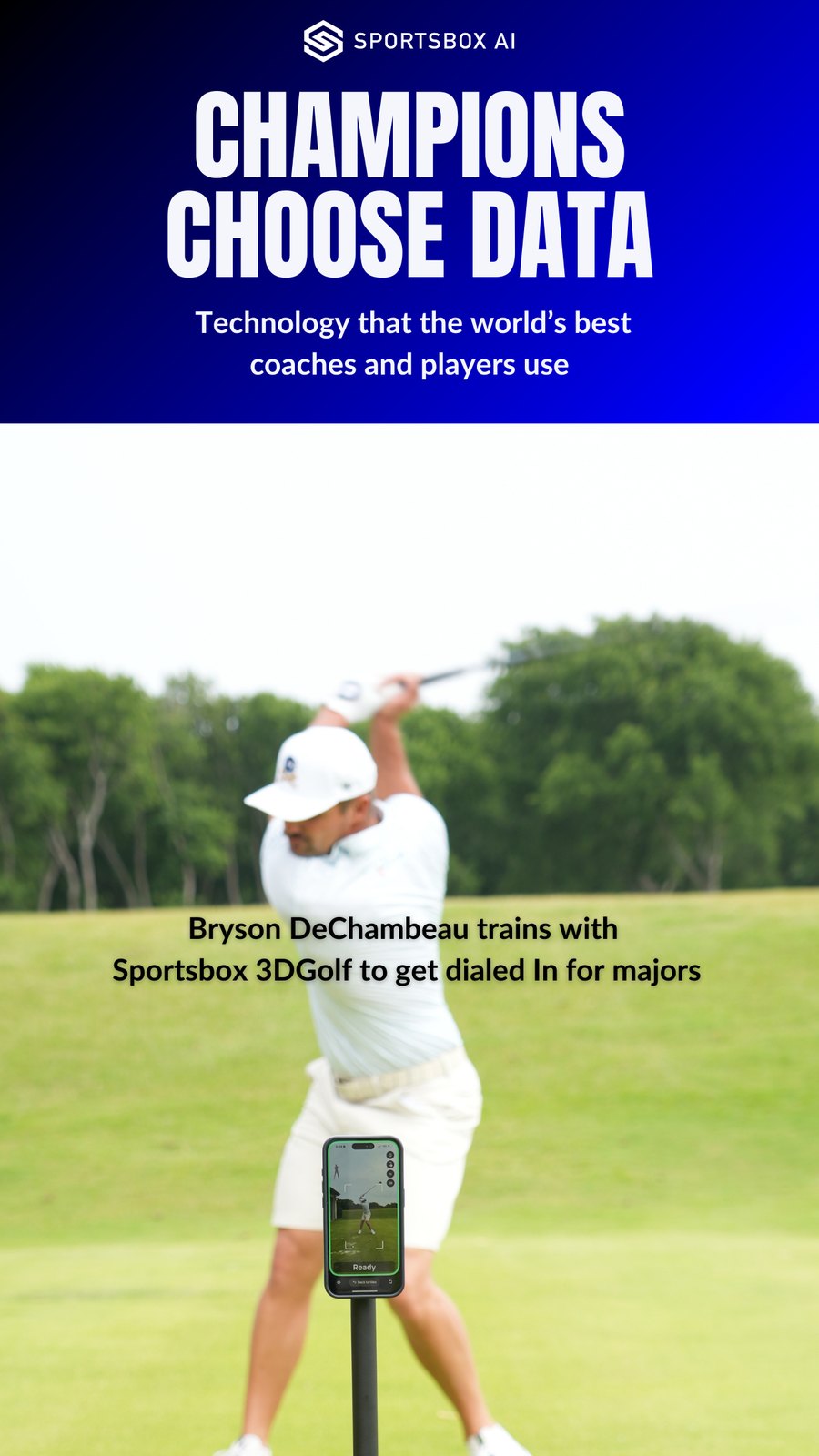 Sportsbox 3D Golf official App Store screenshot of smartphone on a tripod analyzing a swing