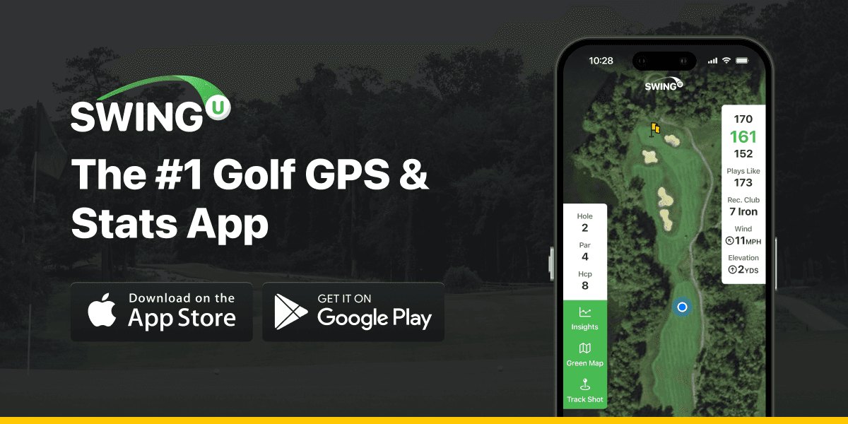 SwingU official marketing screenshot of GPS yardages, plays-like, and club rec on the hole