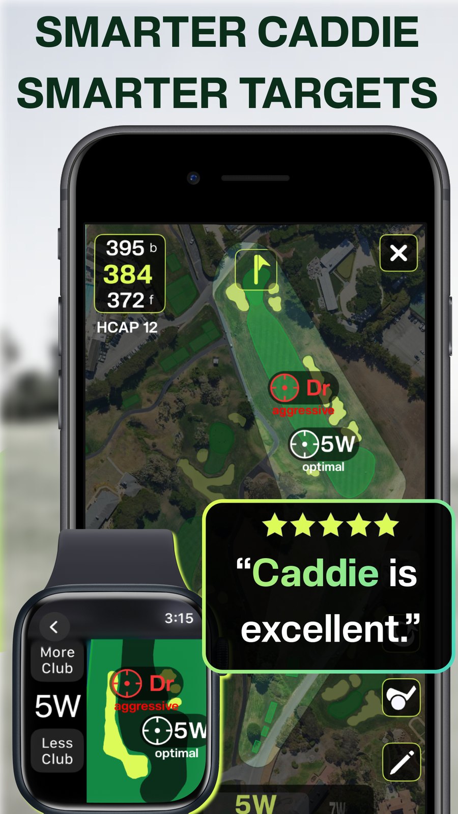Tangent Golf official App Store screenshot of Plays Like caddie targets on iPhone and Apple Watch