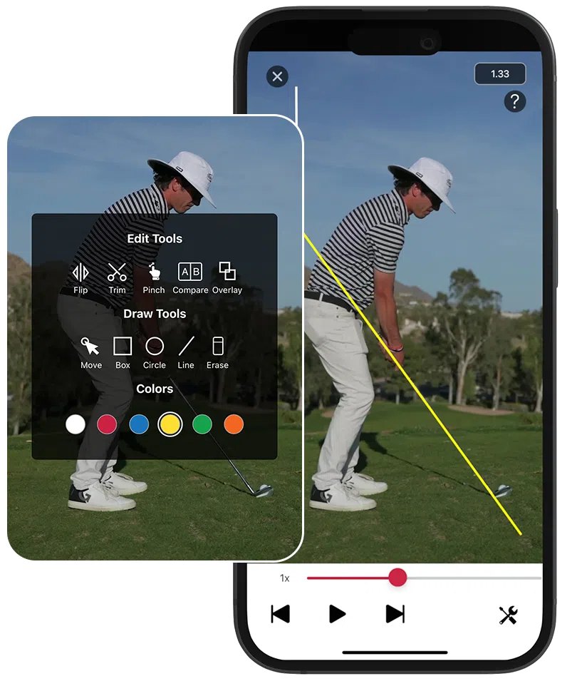 V1 GOLF+ official marketing screenshot of swing analysis drawing tools on a phone