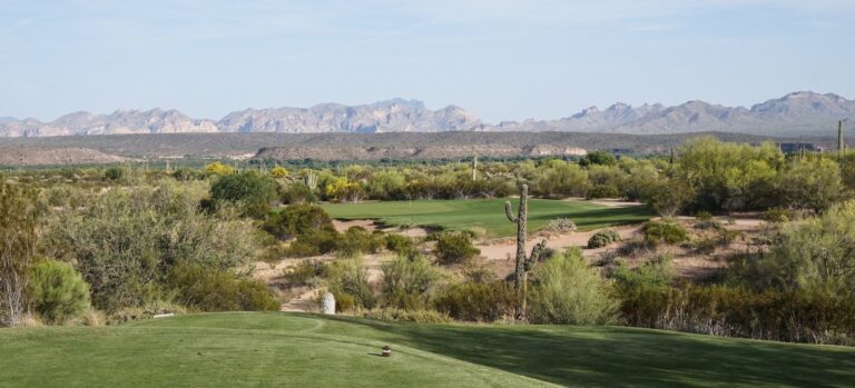 Hole 15 on the Saguaro course at We-Ko-Pa Golf Club in Fort McDowell, Arizona: a green fairway and bunkered green framed by saguaros, with mountains on the horizon.
