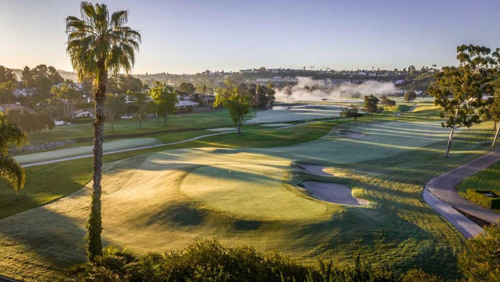 Omni La Costa North Course green and bunkers in Carlsbad under morning light.