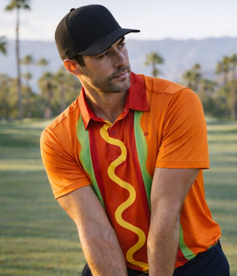 Tipsy Elves Hot Dogger Golf Polo orange hot-dog print