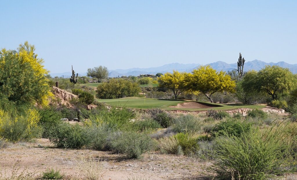 Hole 3 on the Cholla course at We-Ko-Pa Golf Club in Fort McDowell, Arizona: bunkered green framed by saguaros and mountains