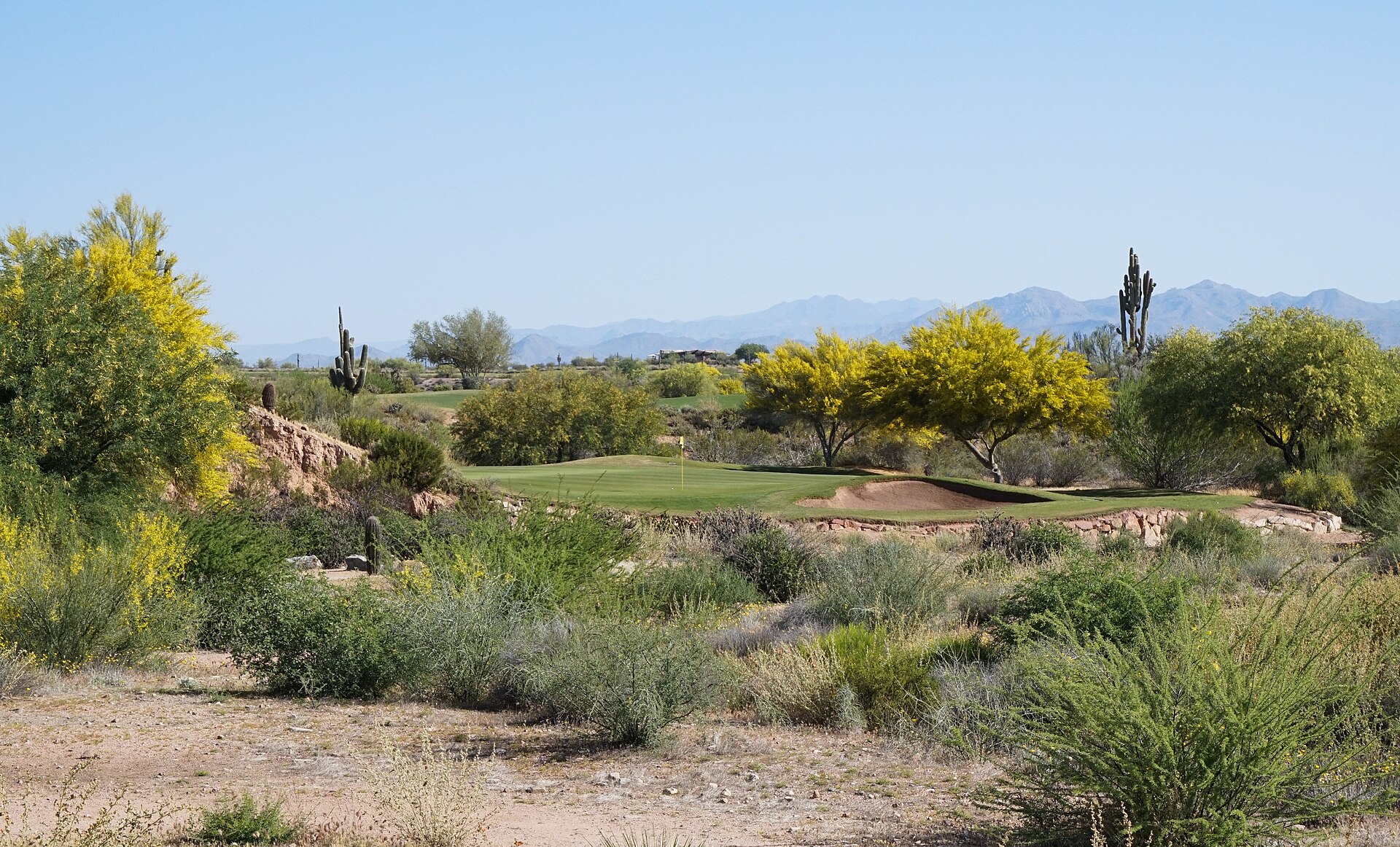 Hole 3 on the Cholla course at We-Ko-Pa Golf Club in Fort McDowell, Arizona: a bunkered green framed by saguaros and desert trees with mountains on the horizon.