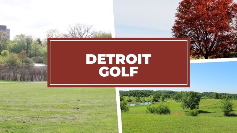 Three-panel Detroit-area golf course collage with brick-rust DETROIT GOLF title plate