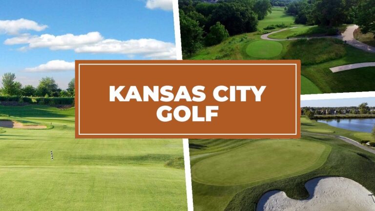 Three-panel Kansas City golf course collage with warm prairie burnt-orange KANSAS CITY GOLF title plate