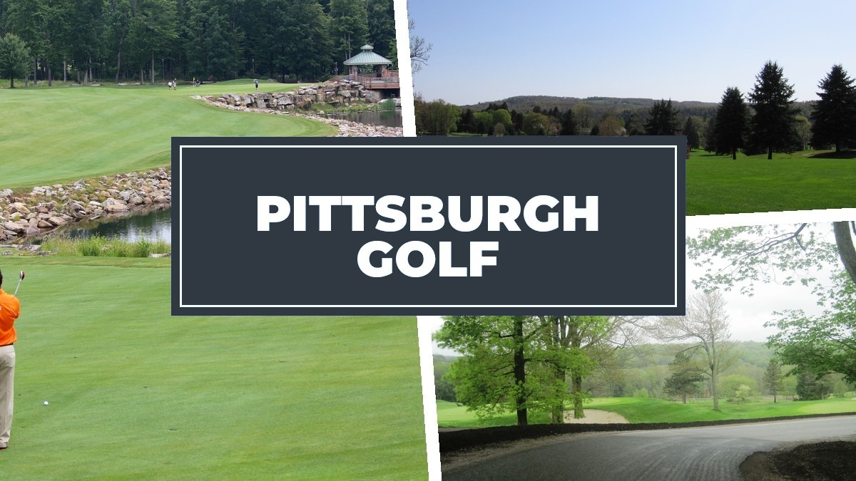 Three-panel Pittsburgh-area golf course collage with deep slate PITTSBURGH GOLF title plate
