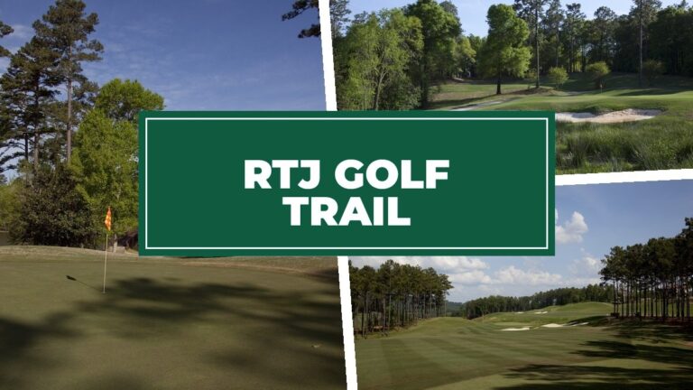 Three-panel Robert Trent Jones Golf Trail collage with deep emerald RTJ GOLF TRAIL title plate