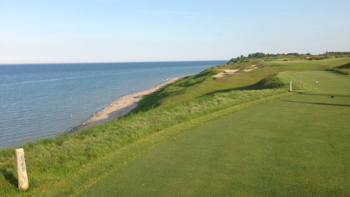 Par-5 fairway on the Straits Course at Whistling Straits along the Lake Michigan shoreline